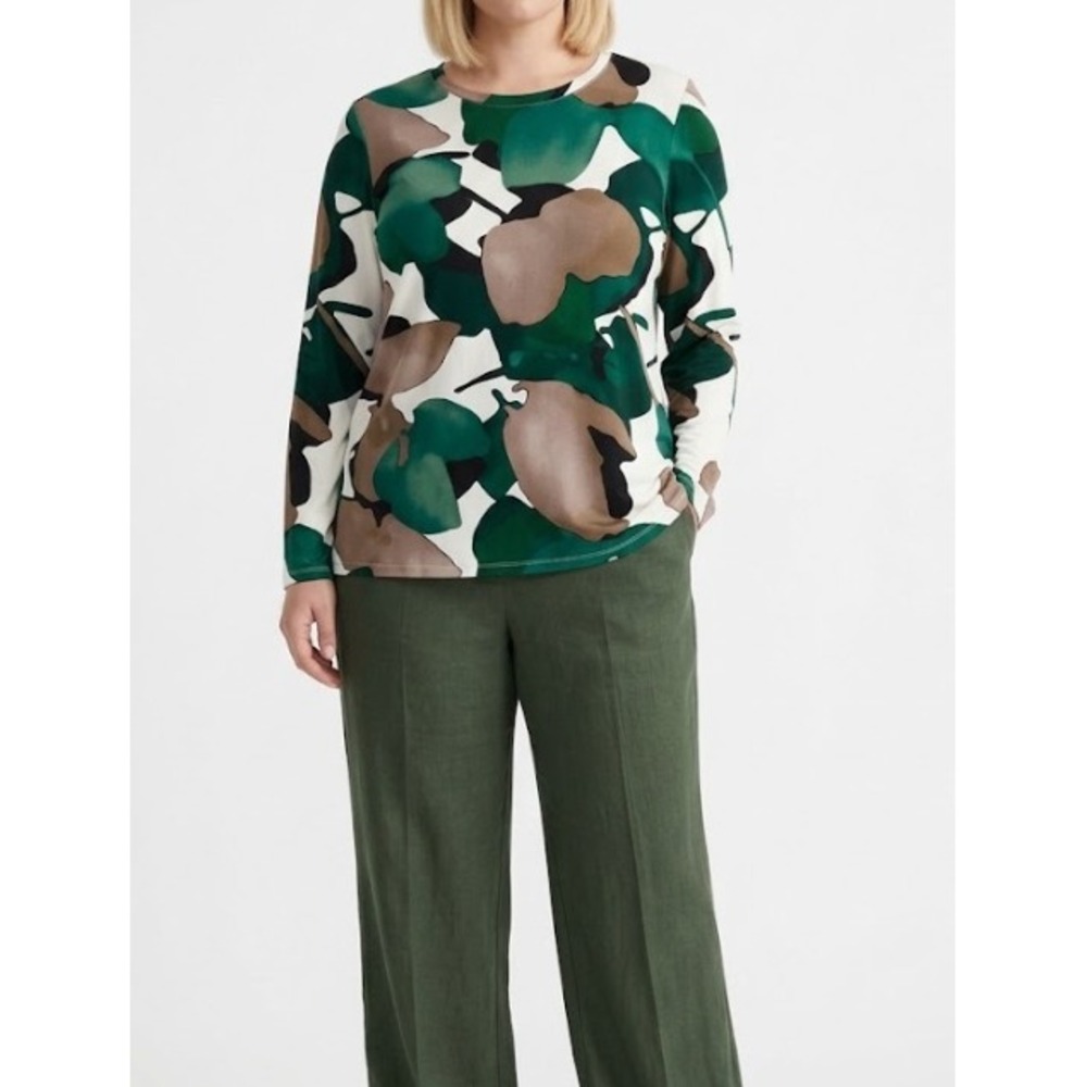 Chico's Long Sleeve Top Size Large/2 Green Tan Abstract Crew Neck Stretch Knit